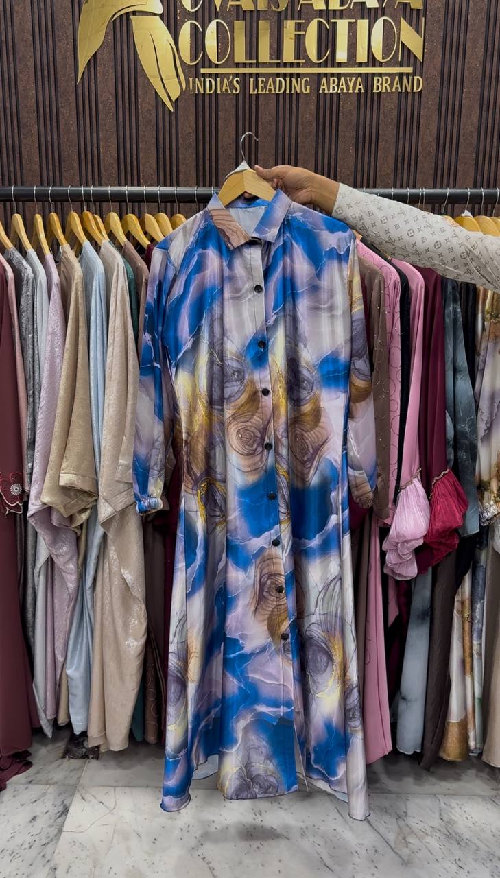 Wardah Printed Front Open Abaya - BLUE