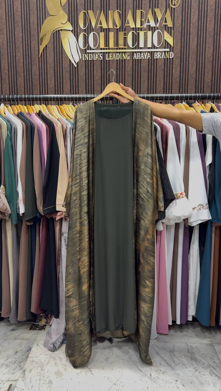 Sabah Double Shrug Smoke Shaded Abaya - OLIVE