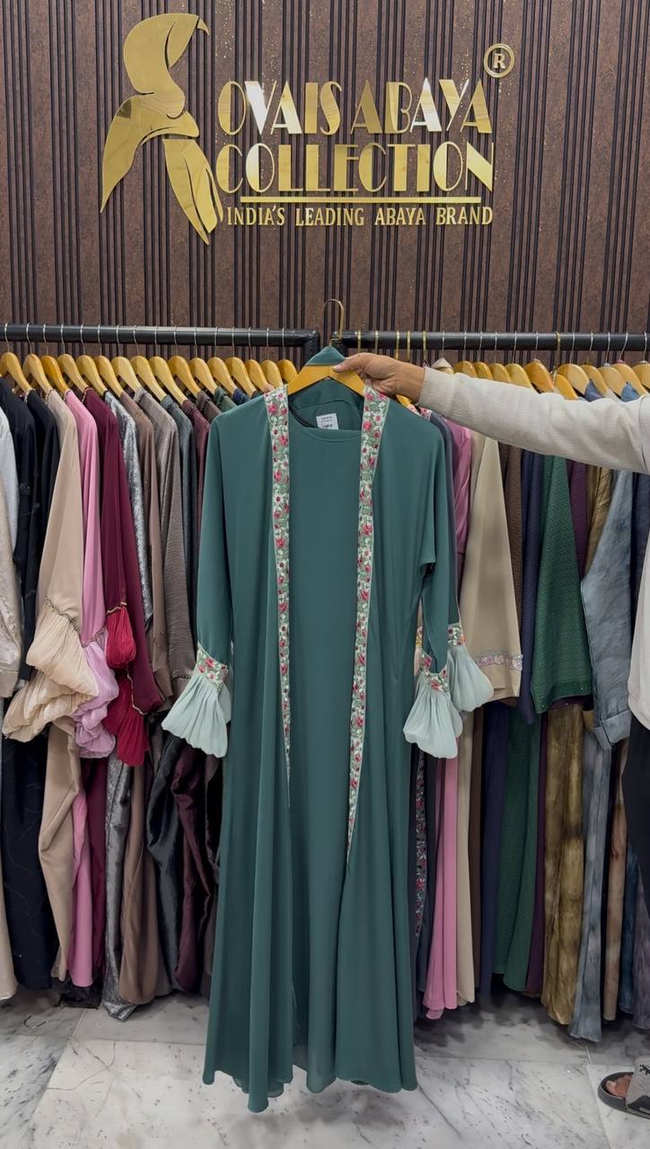 HEER ORGANZA SLEEVE ABAYA | SEA GREEN