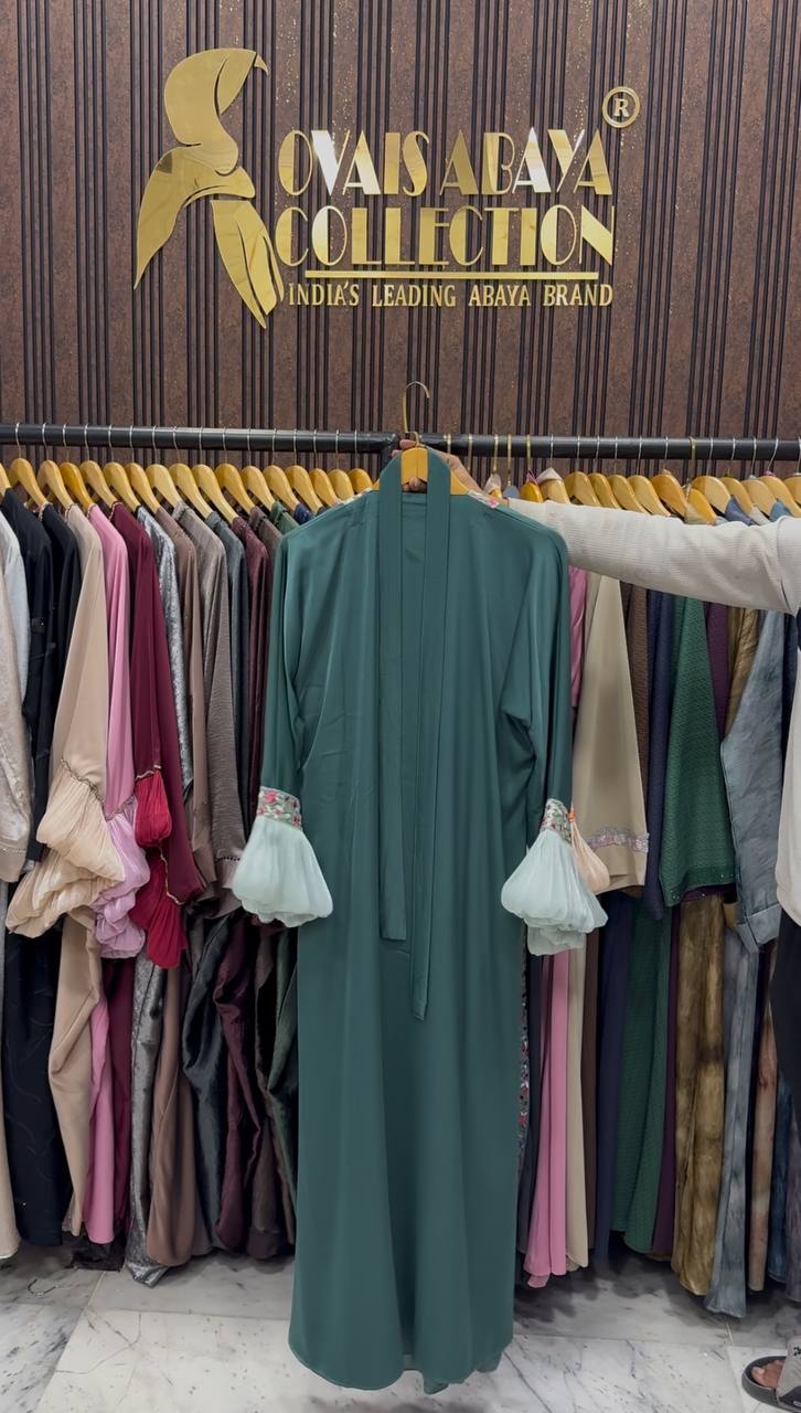 HEER ORGANZA SLEEVE ABAYA | SEA GREEN