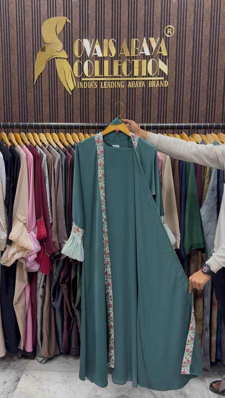 HEER ORGANZA SLEEVE ABAYA | SEA GREEN