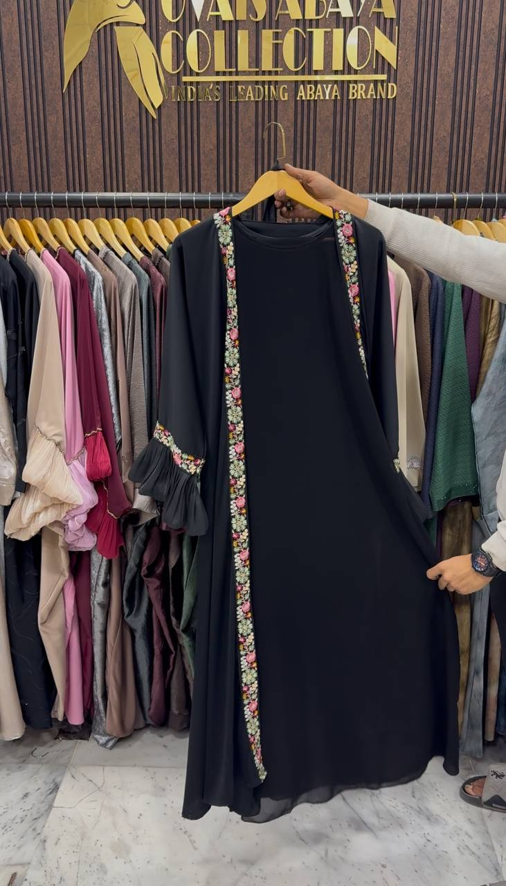 Heer Organza Sleeve Abaya - BLACK