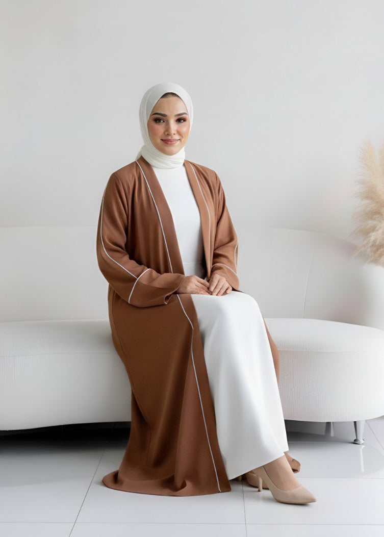 RUHI DOUBLE SHRUG ABAYA | WHITE TO COPPER