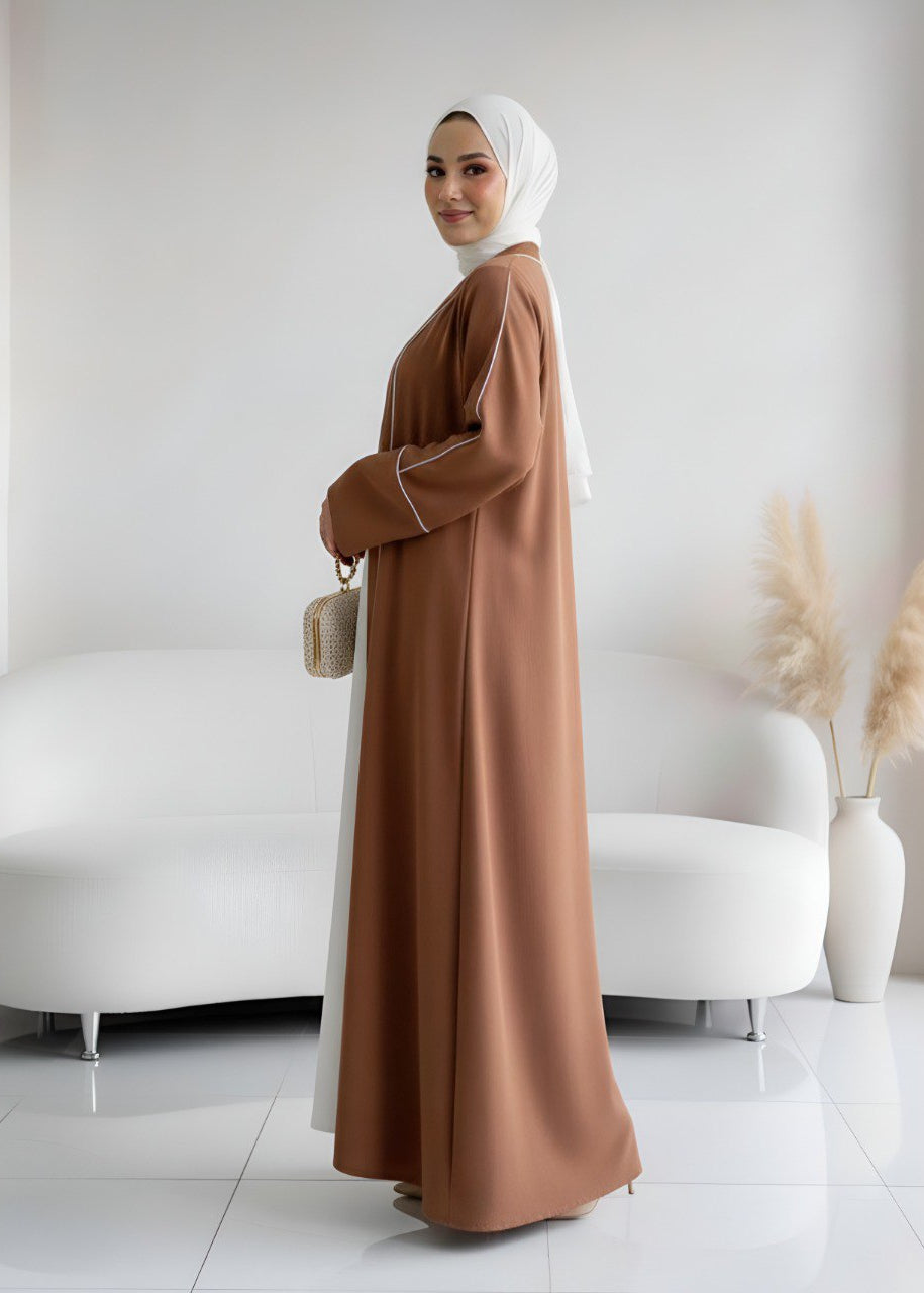 RUHI DOUBLE SHRUG ABAYA | WHITE TO COPPER