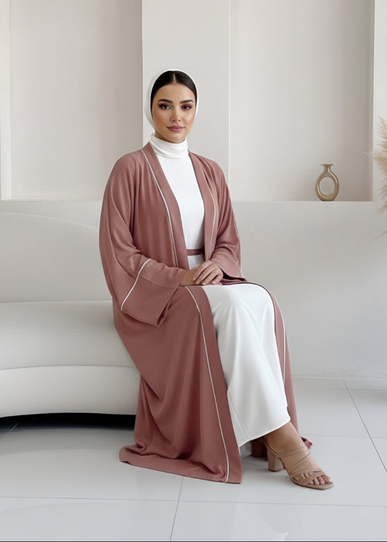 RUHI DOUBLE SHRUG ABAYA | GHESTNUT LITE TO WHITE