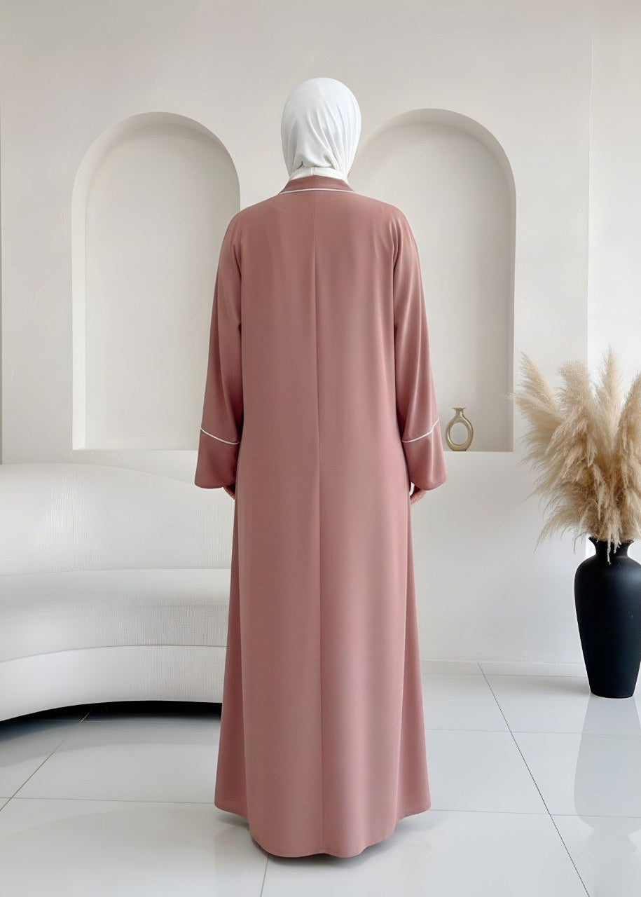 RUHI DOUBLE SHRUG ABAYA | GHESTNUT LITE TO WHITE