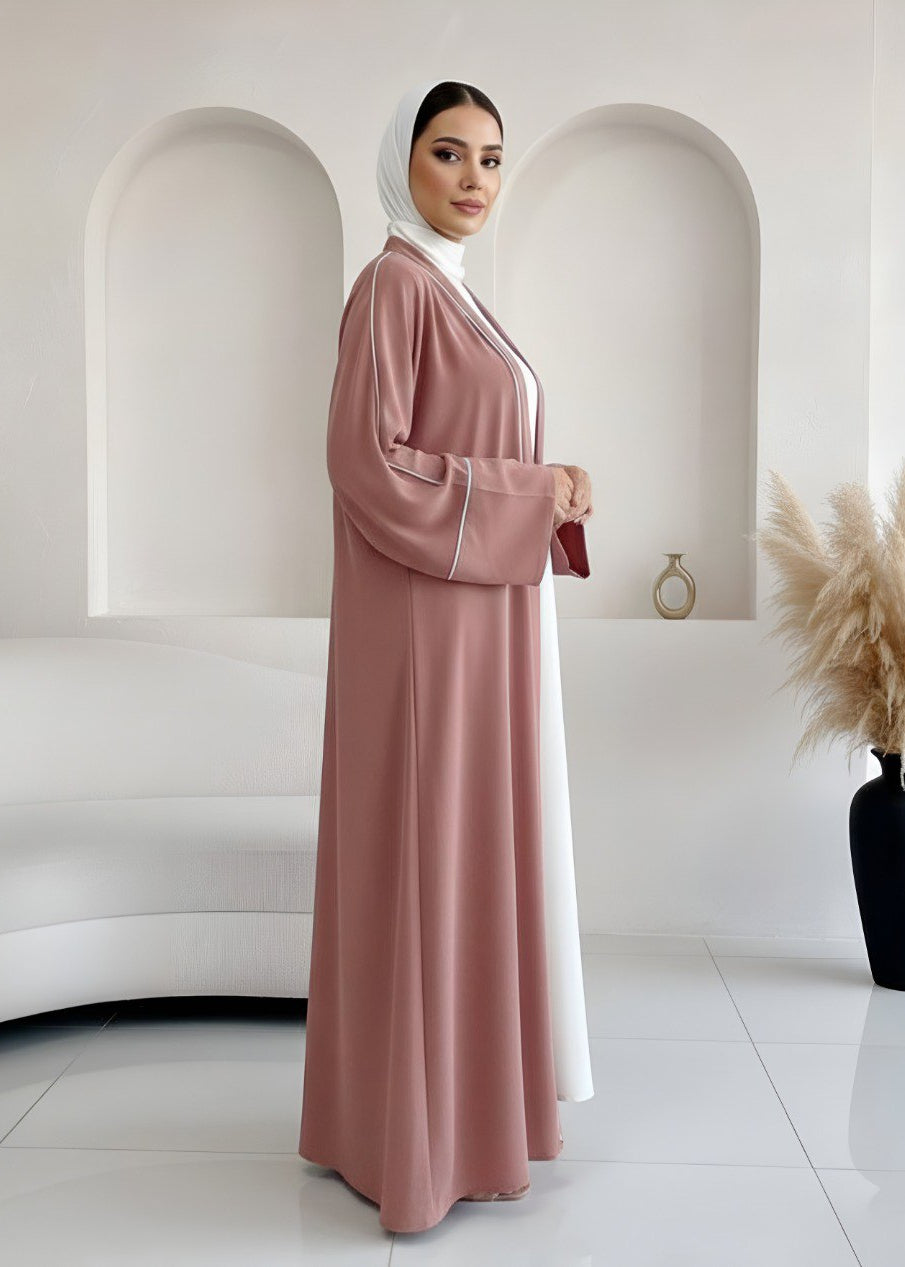 RUHI DOUBLE SHRUG ABAYA | GHESTNUT LITE TO WHITE