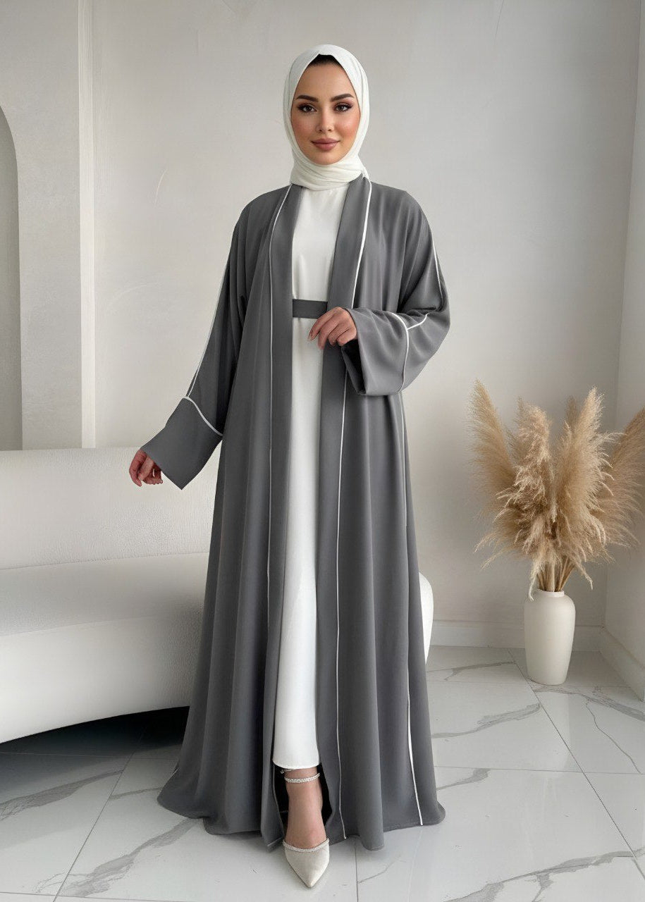 RUHI DOUBLE SHRUG ABAYA | DARK GRAY TO WHITE