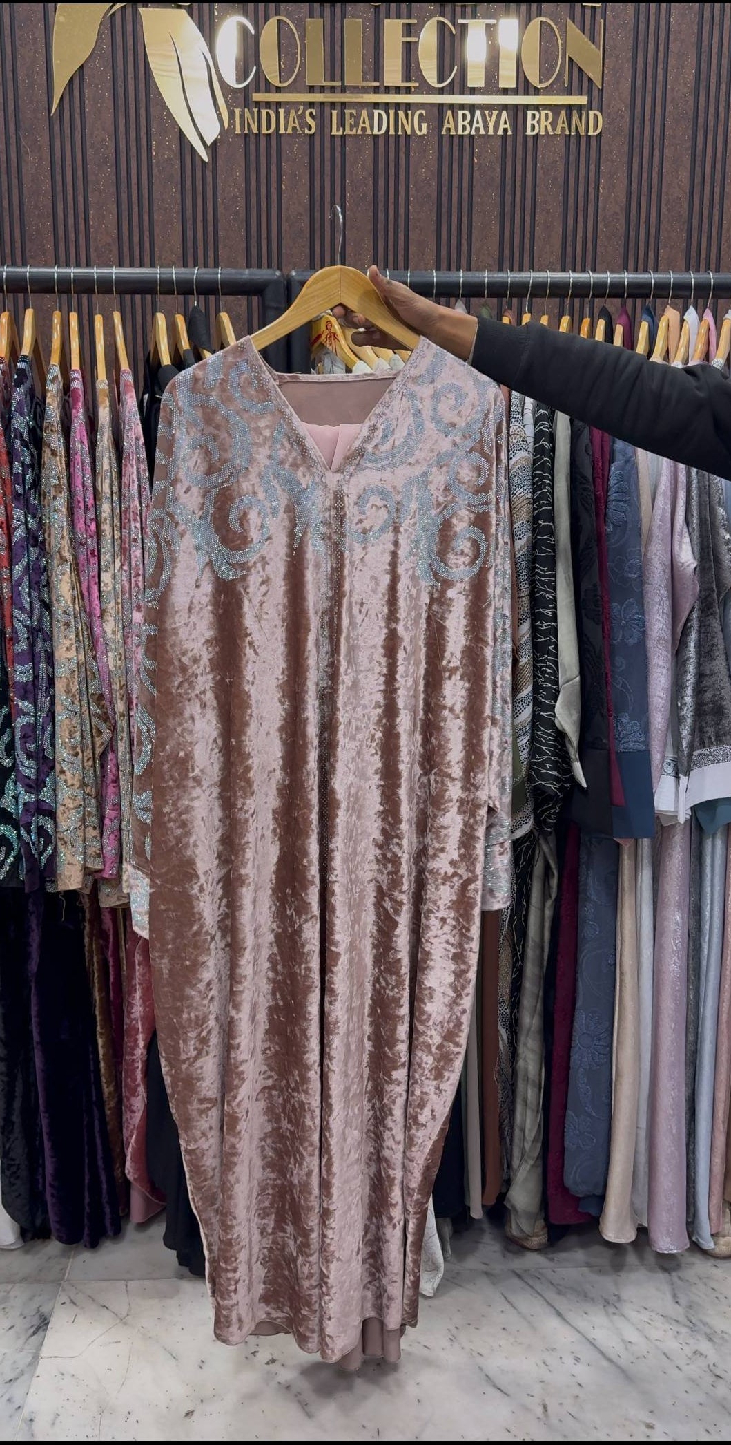 KAIFIYA VELVET KAFTAN ABAYA | PEACH