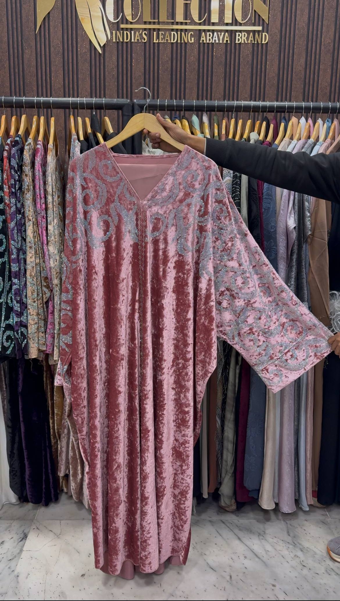 KAIFIYA VELVET KAFTAN ABAYA | BABY PINK