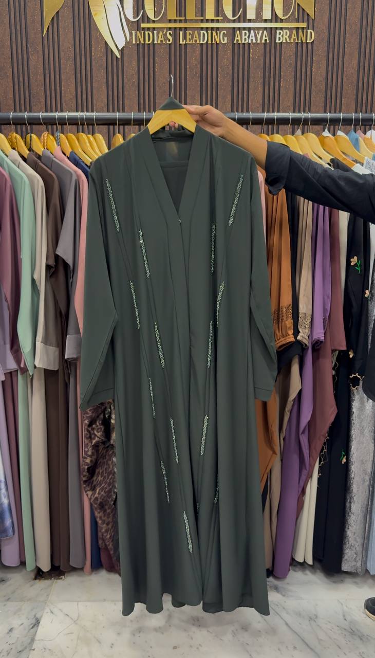SOHA HANDWORK FRONT OPEN ABAYA | GREEN