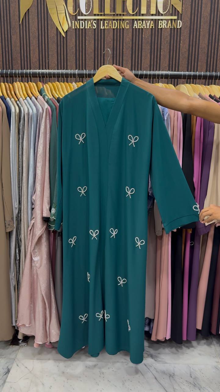 LAYA LUXE - FRONT OPEN BOW ABAYA | RAMA GREEN