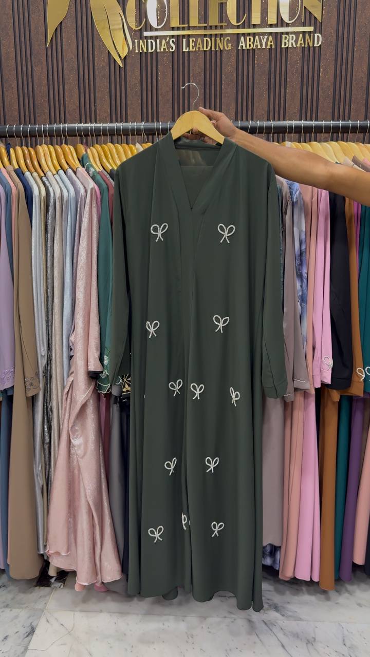 LAYA LUXE - FRONT OPEN BOW ABAYA | OLIVE
