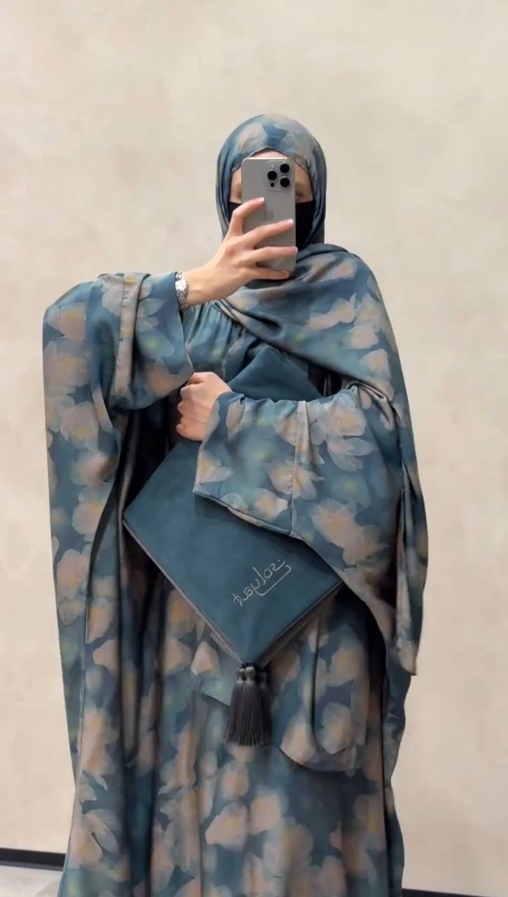 Kinza Elegantly Printed Kaftan Abaya - BLUE