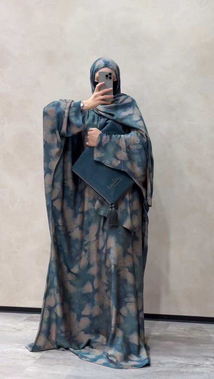 Kinza Elegantly Printed Kaftan Abaya - BLUE