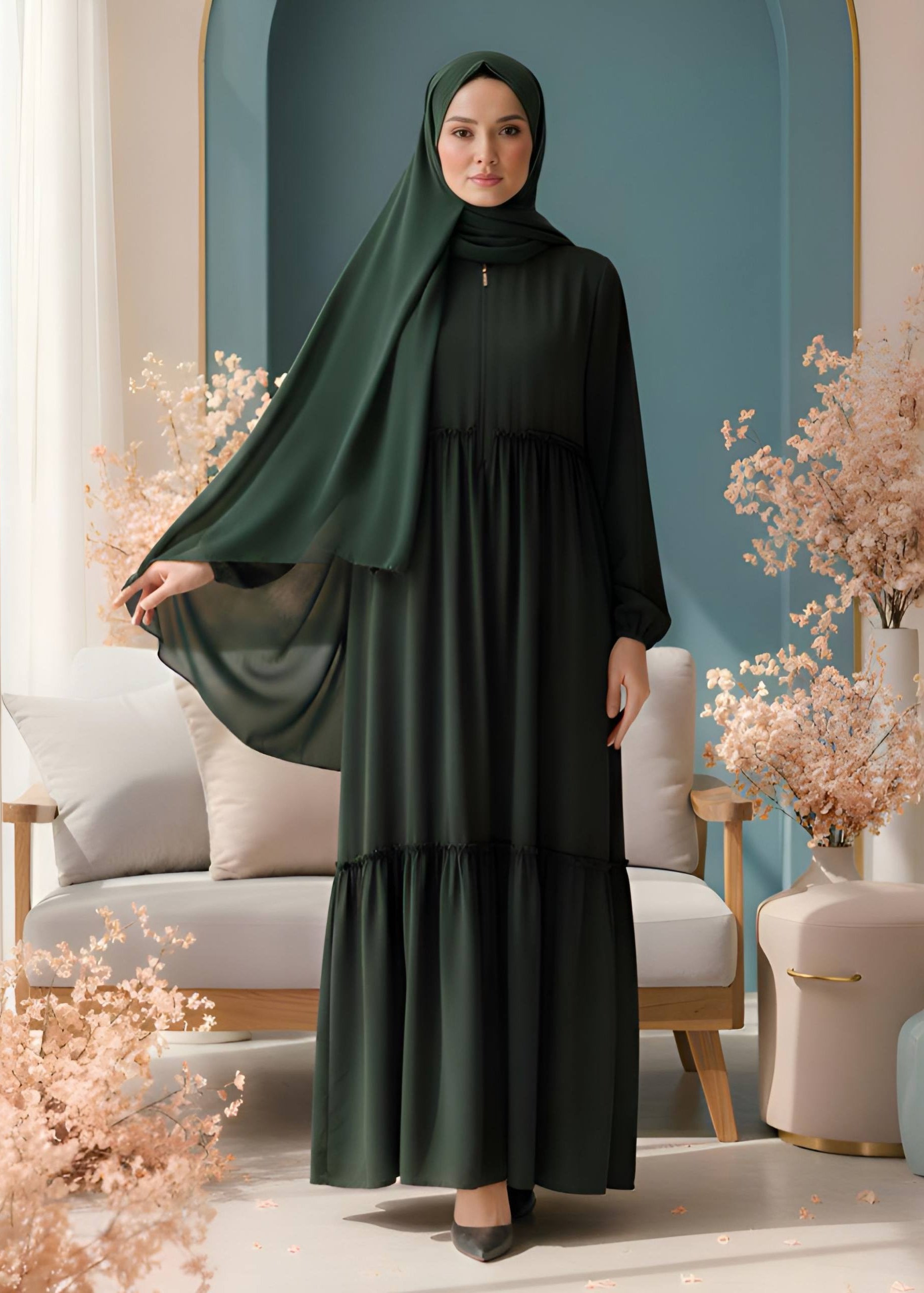 SUFIYA PLEATED ZIPPPER ABAYA | OLIVE