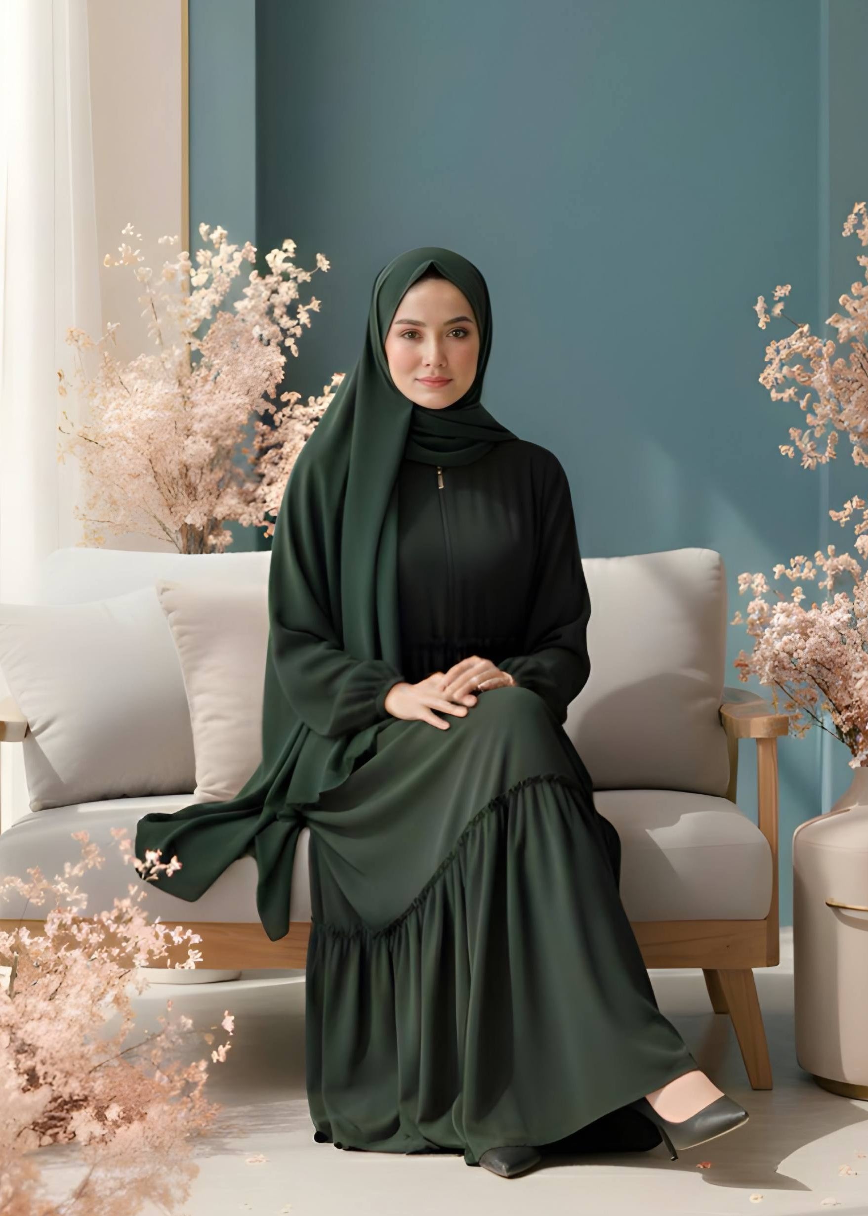 SUFIYA PLEATED ZIPPPER ABAYA | OLIVE
