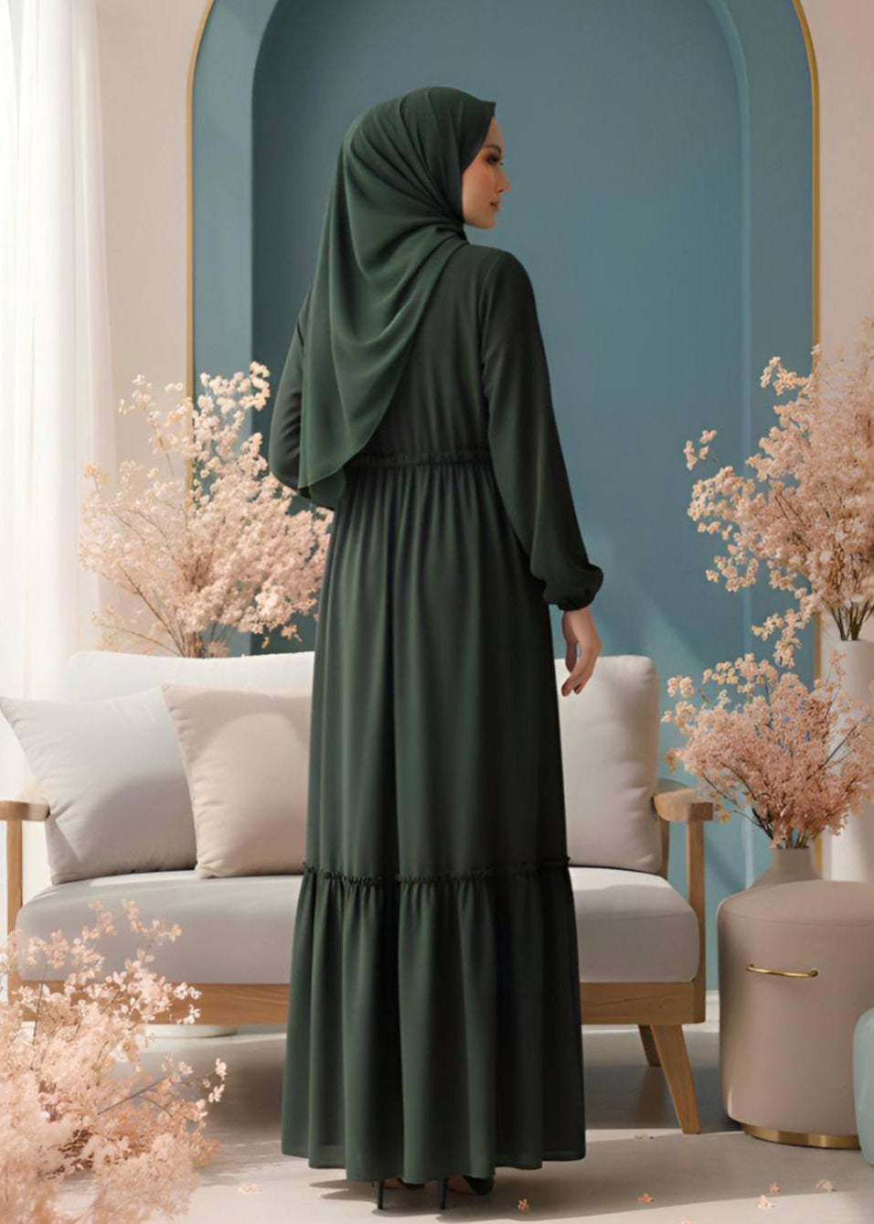 SUFIYA PLEATED ZIPPPER ABAYA | OLIVE