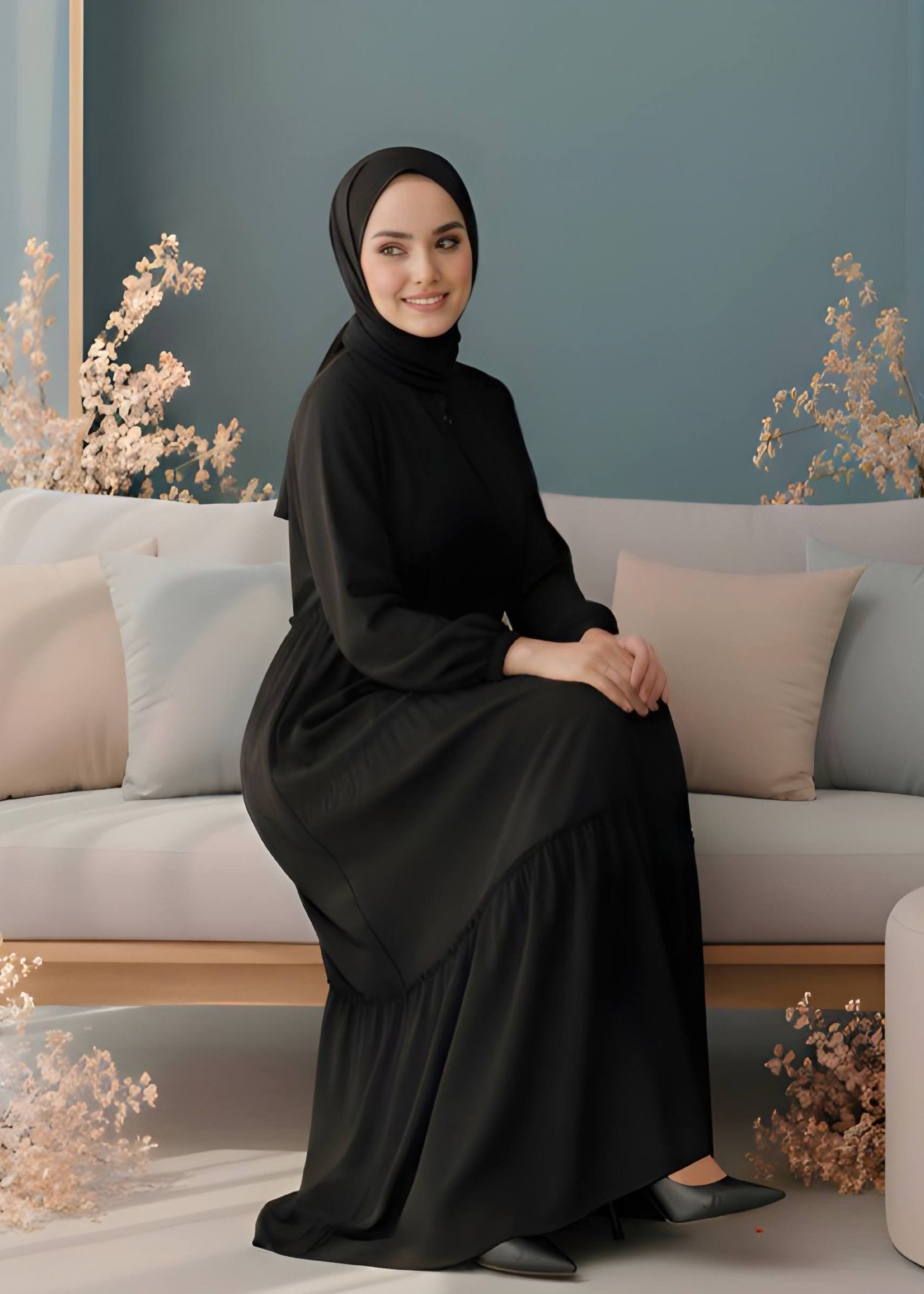 SUFIYA PLEATED ZIPPPER ABAYA | BLACK