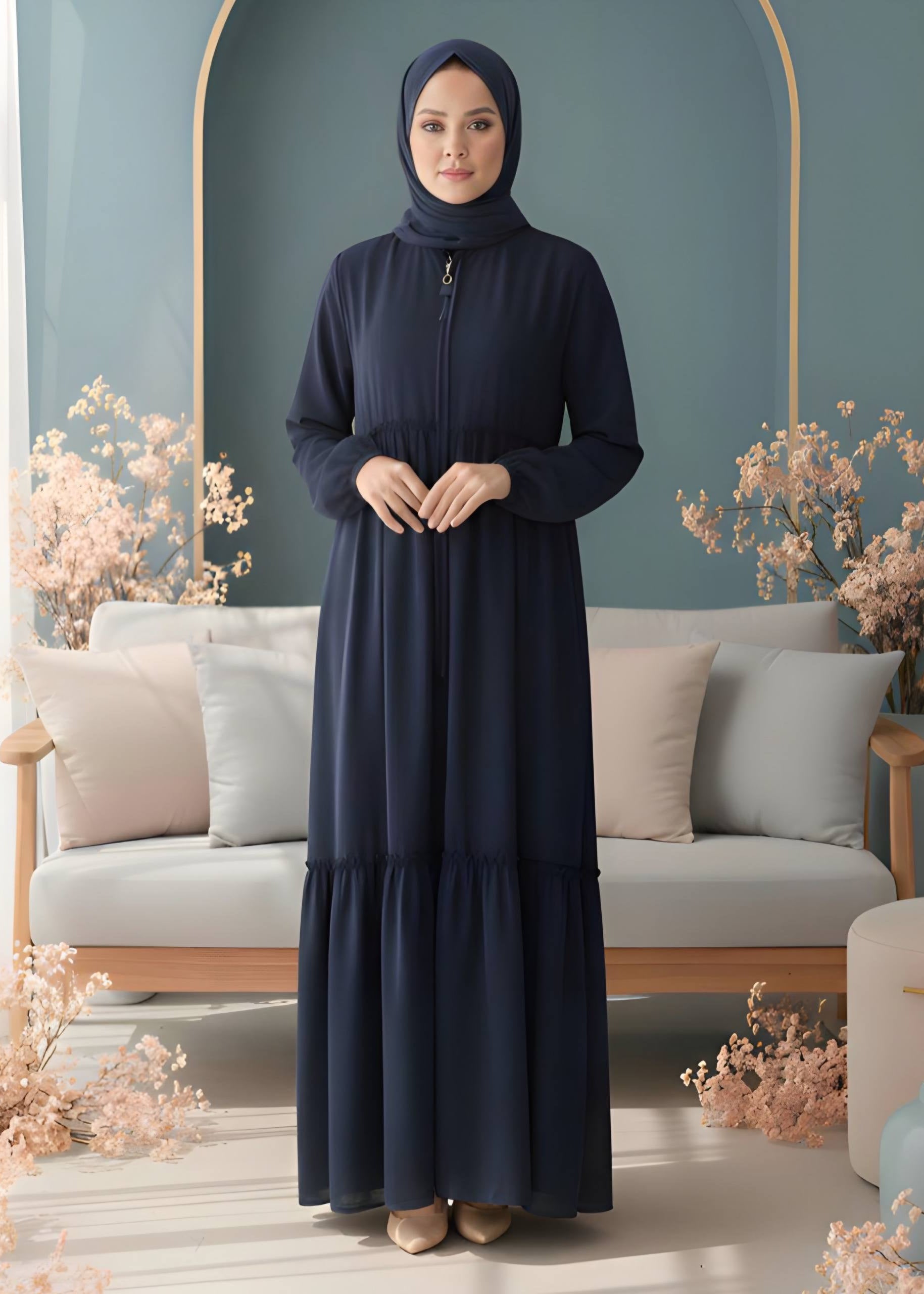 SUFIYA PLEATED ZIPPPER ABAYA | BLUE