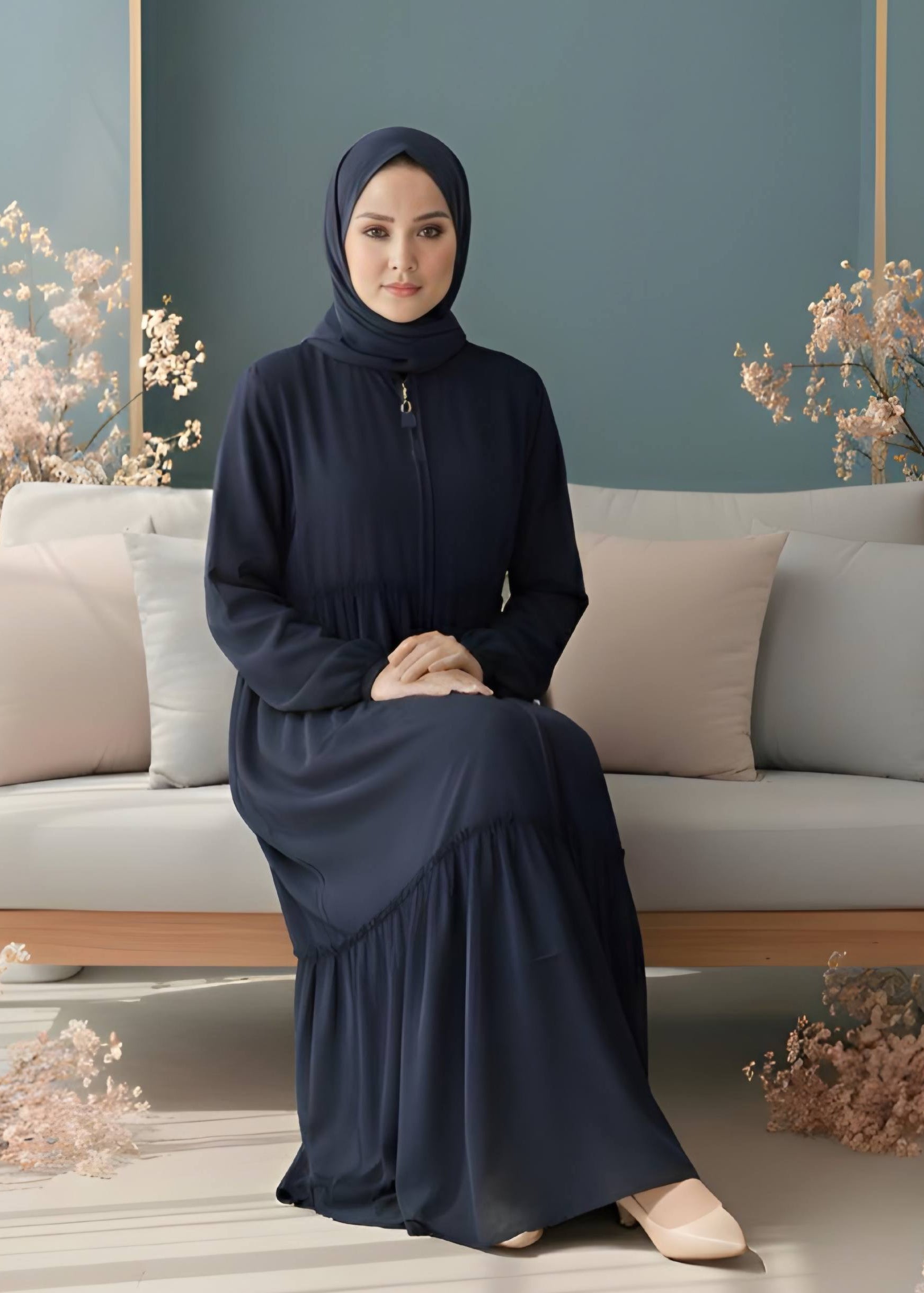 SUFIYA PLEATED ZIPPPER ABAYA | BLUE