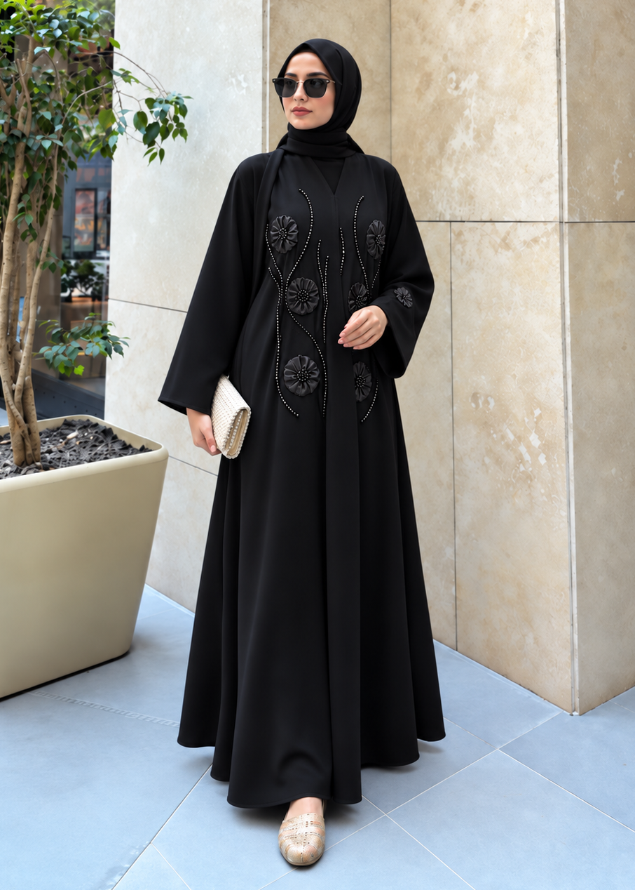 JAHANARAH FRONT OPEN ABAYA | BLACK