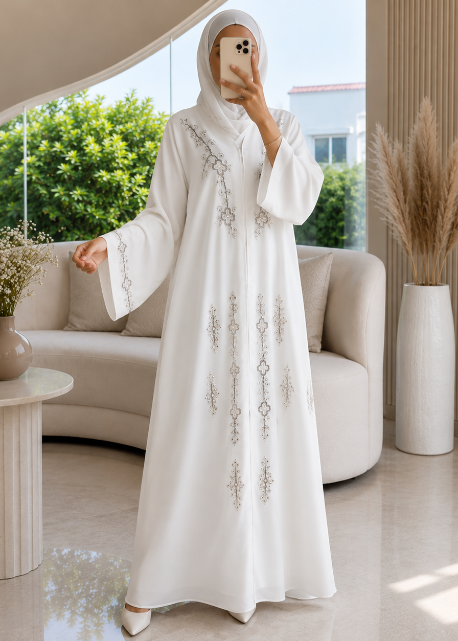 DANANEER FRONT OPEN ABAYA | WHITE