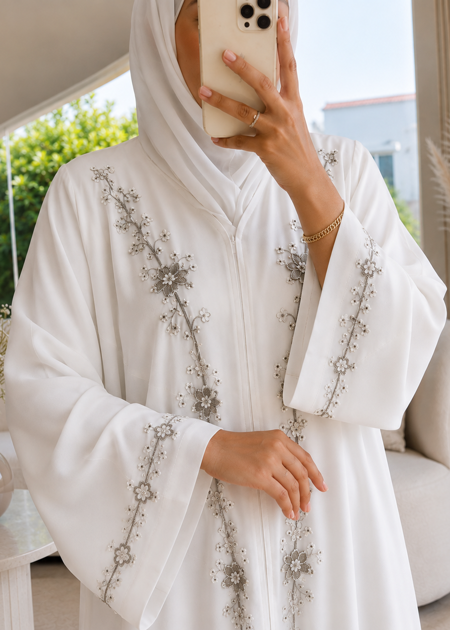 DANANEER FRONT OPEN ABAYA | WHITE