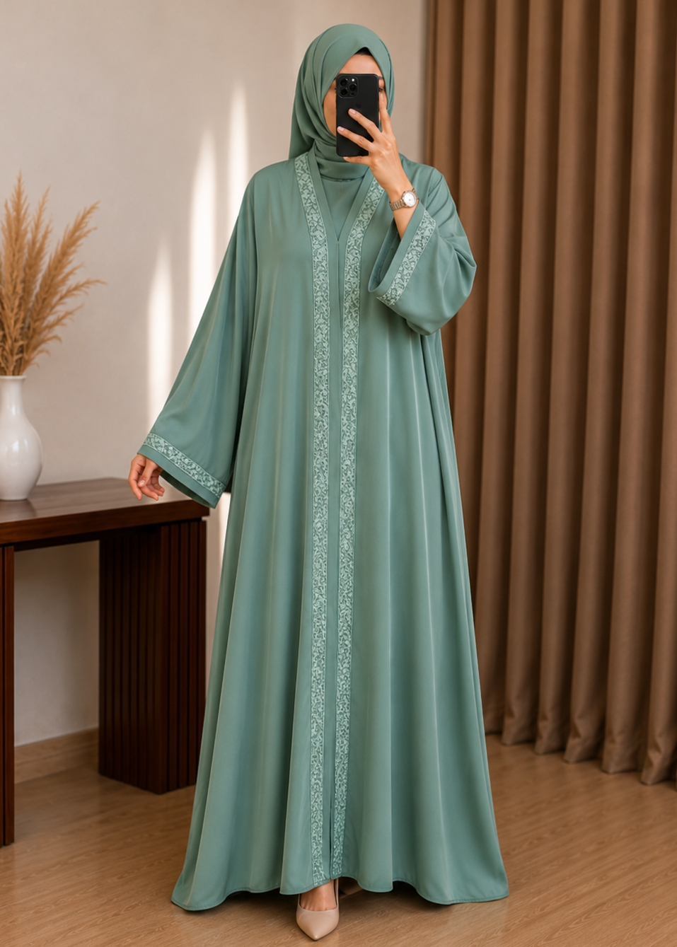 AAMNAH FRONT OPEN ABAYA | SEA GREEN