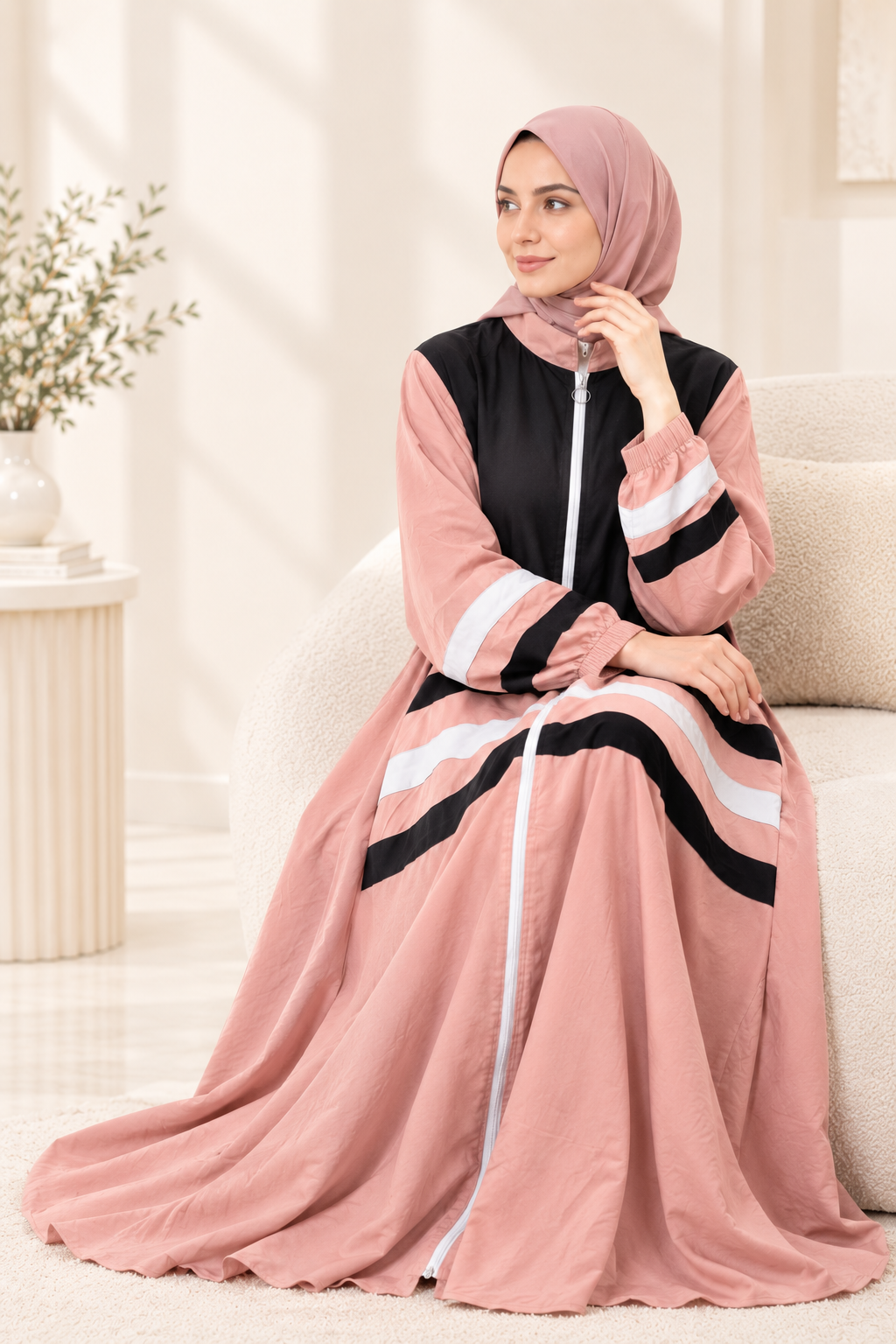 051 - YUMNA FULLY STRIPED ABAYA | PEACH