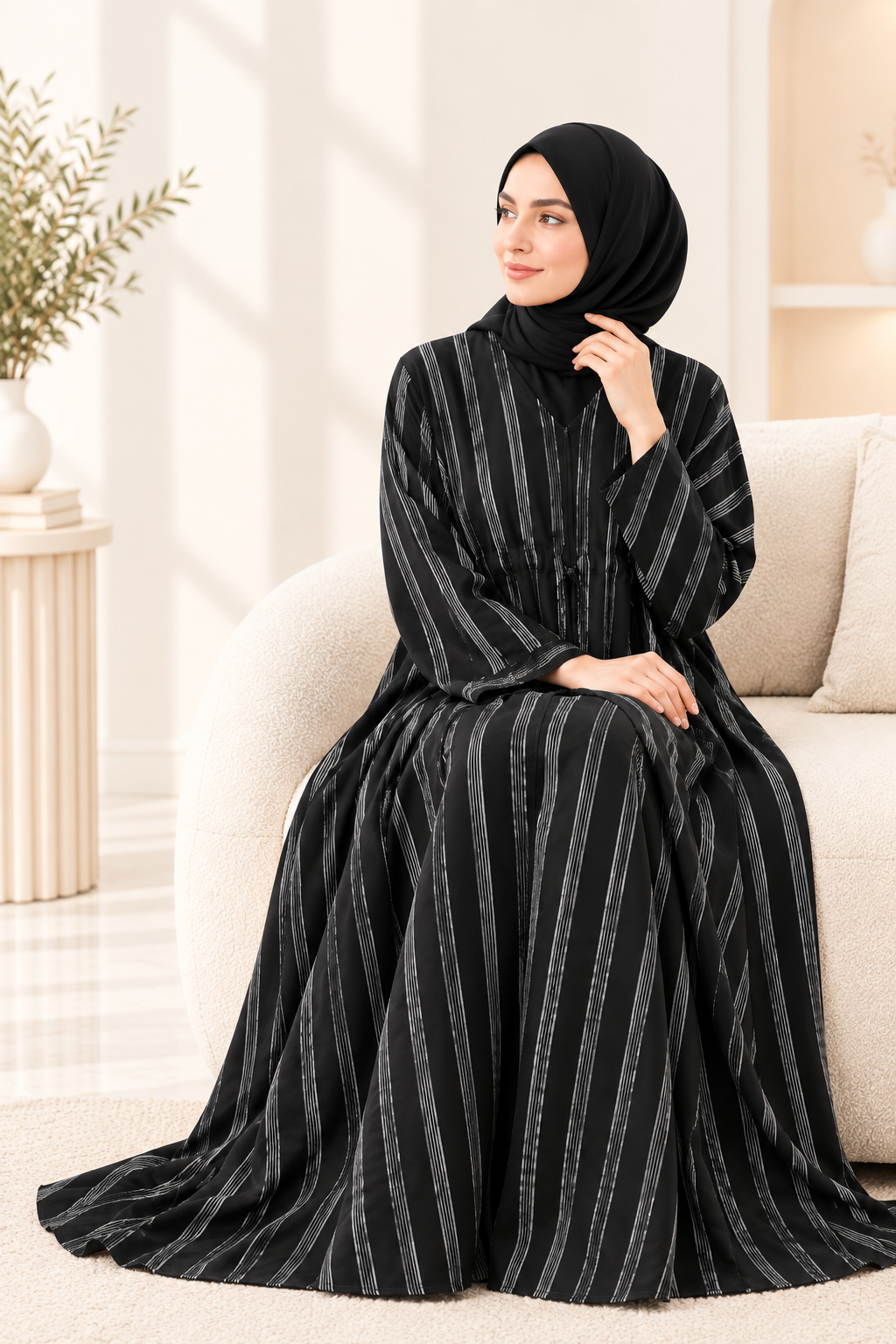 054 - FAQIYA WHITE STRIPPED ABAYA | BLACK