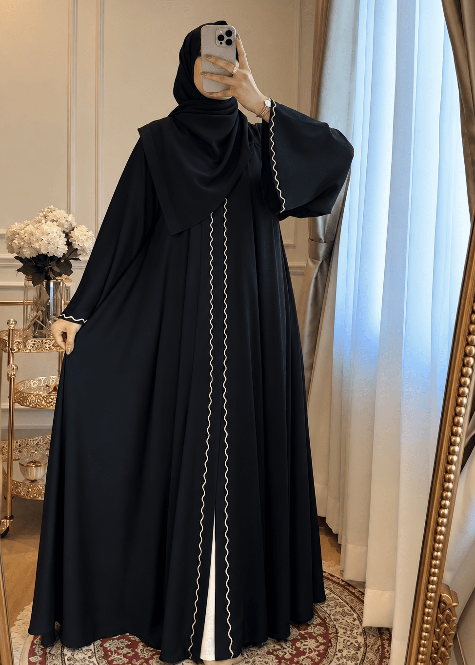 ZAHRA STONE LACE ABAYA | BLACK