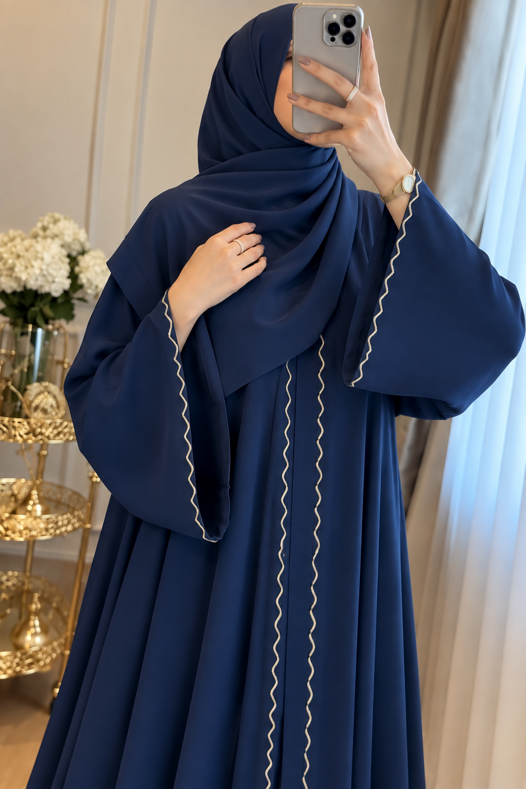 ZAHRA STONE LACE ABAYA | NAVY BLUE