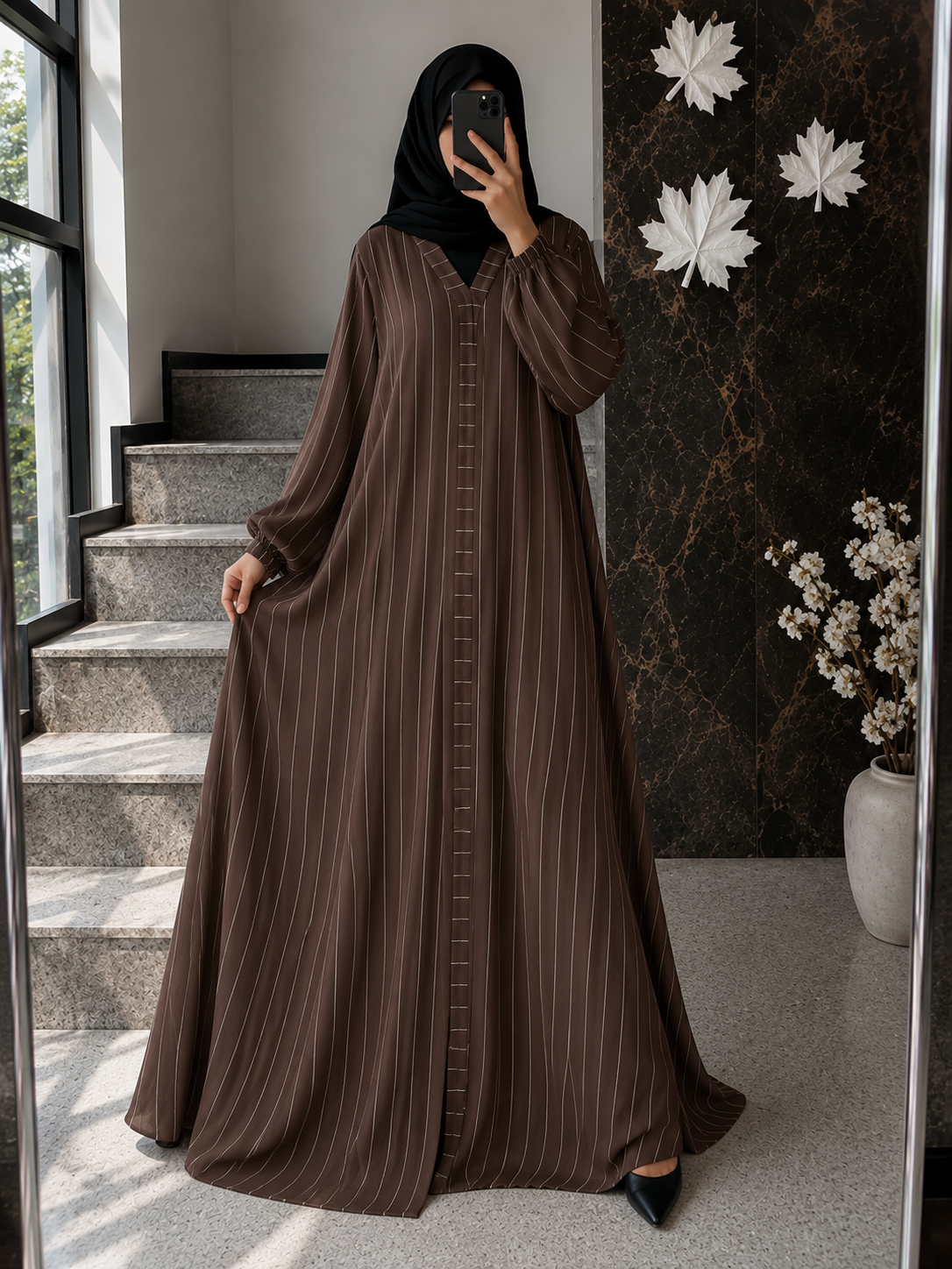 0357 - TASBIA LINEN ABAYA | BROWN