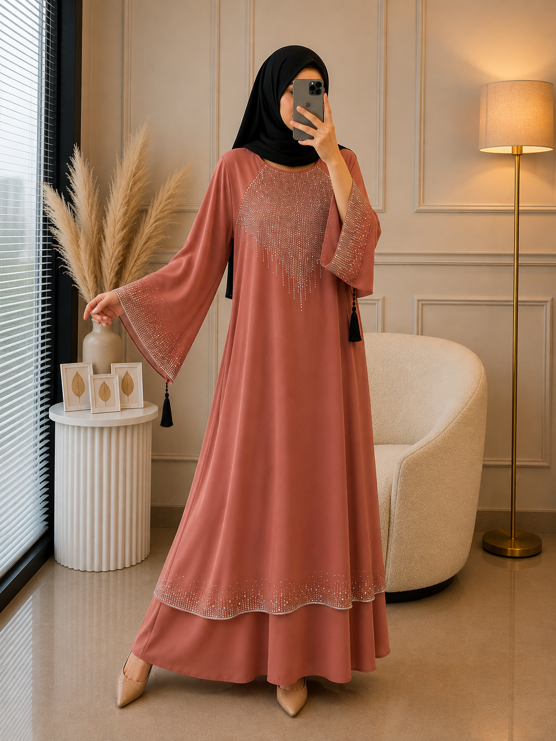 7758 - MEHNAZ STONEWORK ABAYA | PEACH