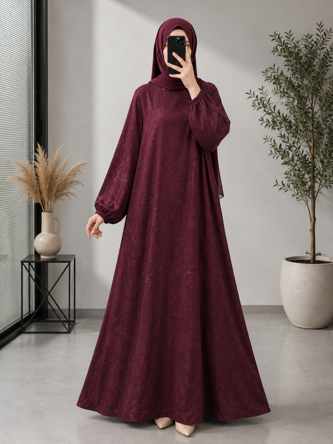 8787 - TURKISH LASTIC SLEEVE ABAYA | RED