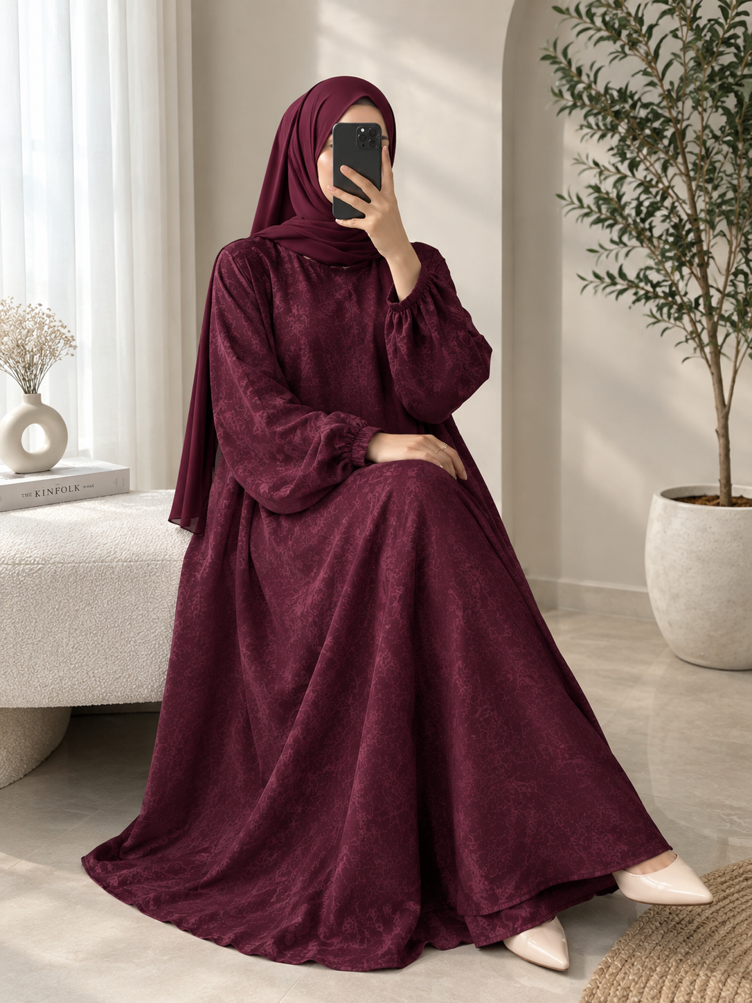 8787 - TURKISH LASTIC SLEEVE ABAYA | RED