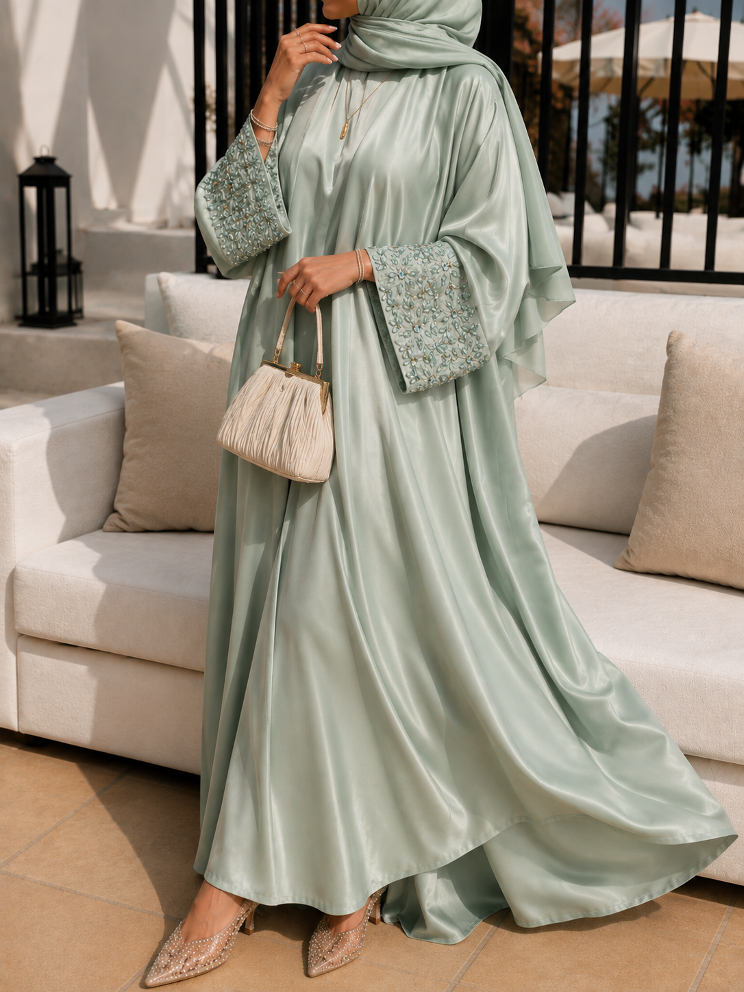 ZENA FLORAL HANDWORK ABAYA | SEA GREEN