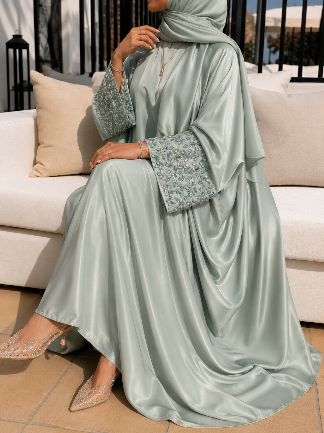 ZENA FLORAL HANDWORK ABAYA | SEA GREEN