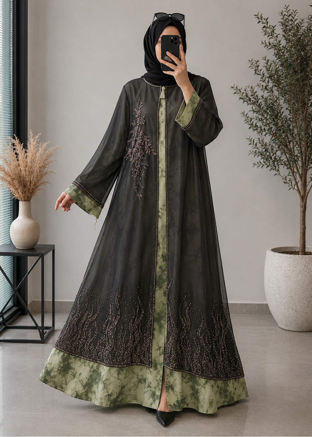 3548- DOUBLE LAYER ABAYA | GREEN