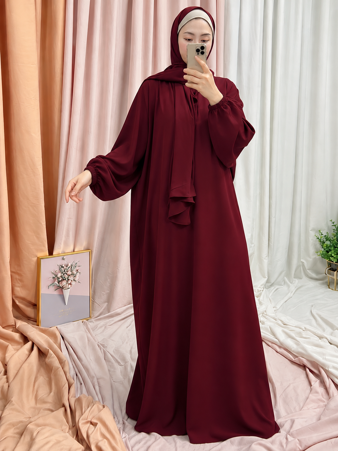 HEEBA LASTIC SLEEVE ABAYA | MAROON