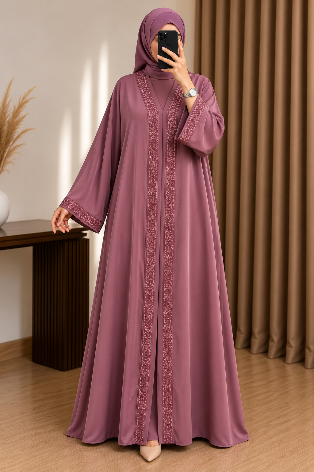 AAMNAH FRONT OPEN ABAYA | DUSTY PINK