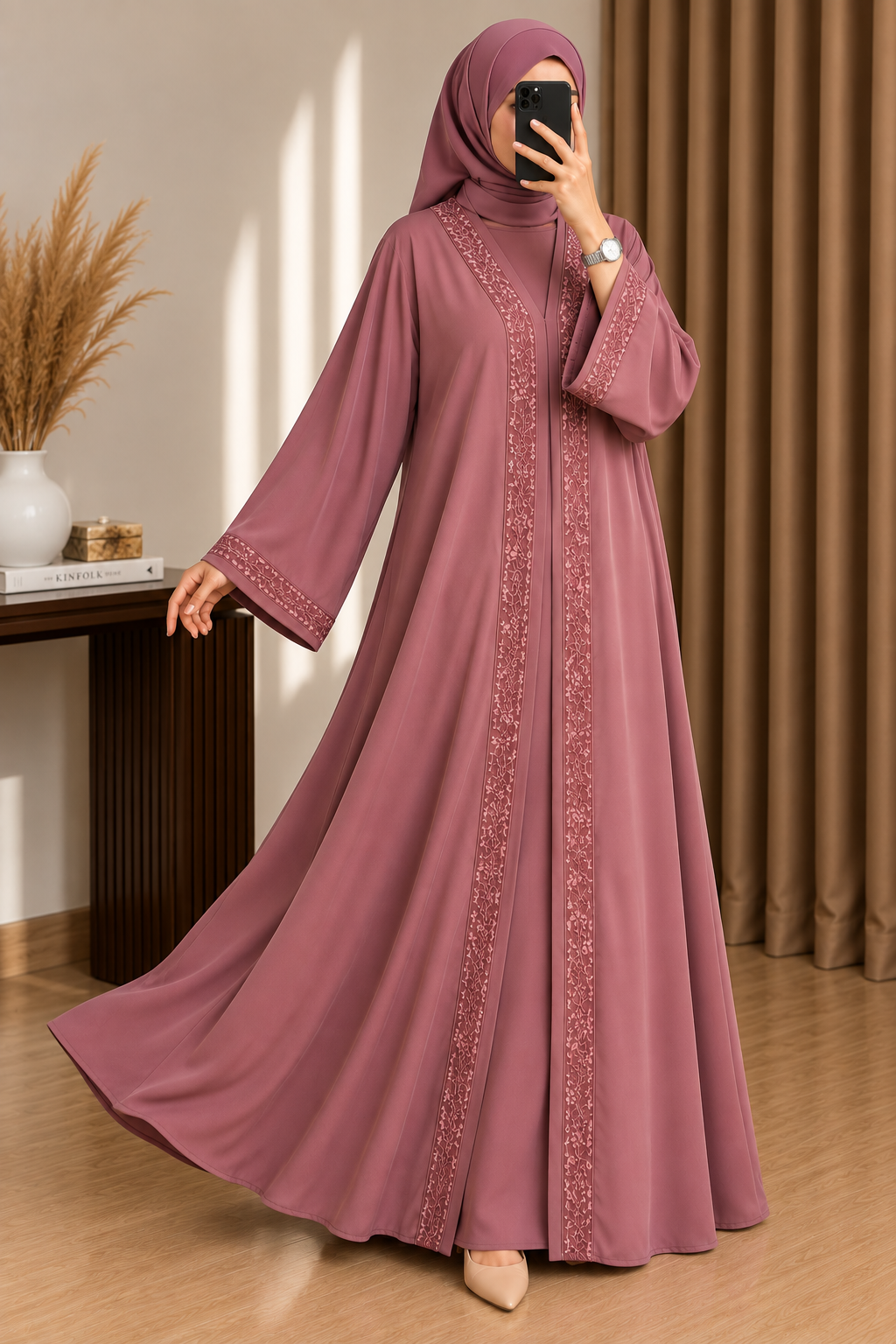 AAMNAH FRONT OPEN ABAYA | DUSTY PINK