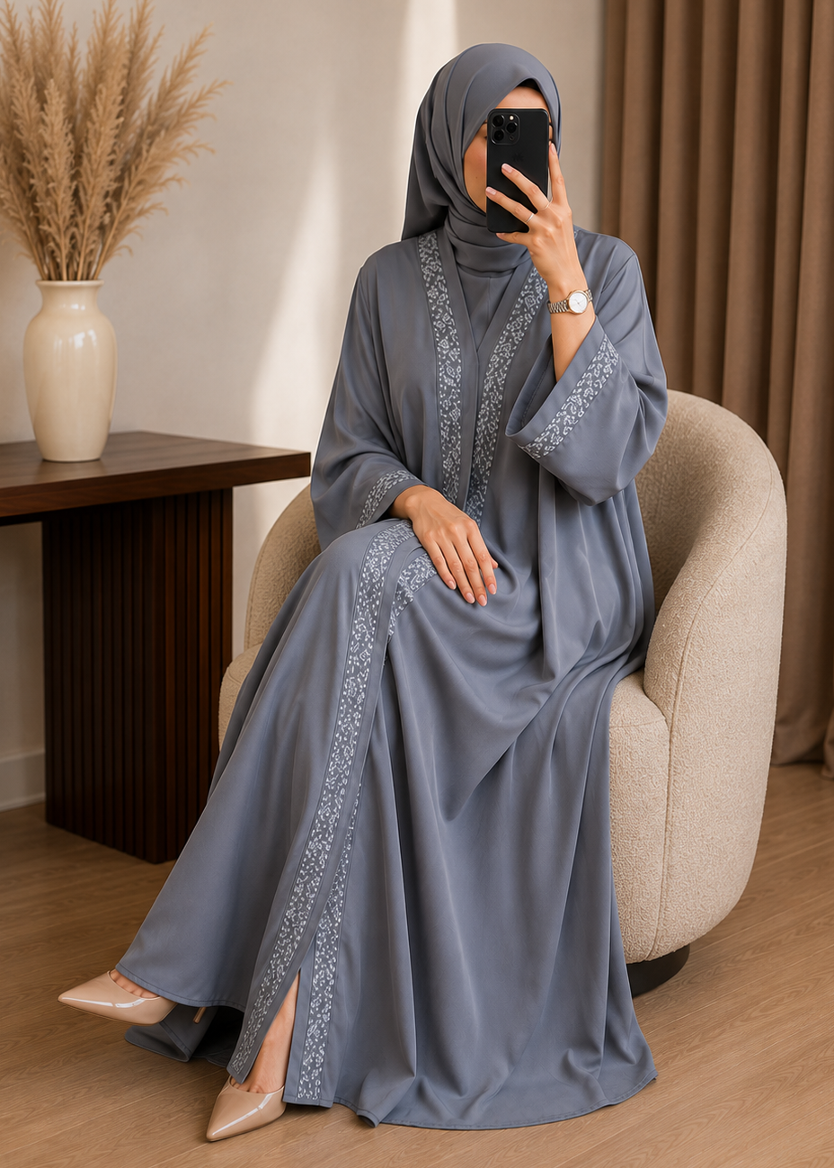 AAMNAH FRONT OPEN ABAYA | GRAY