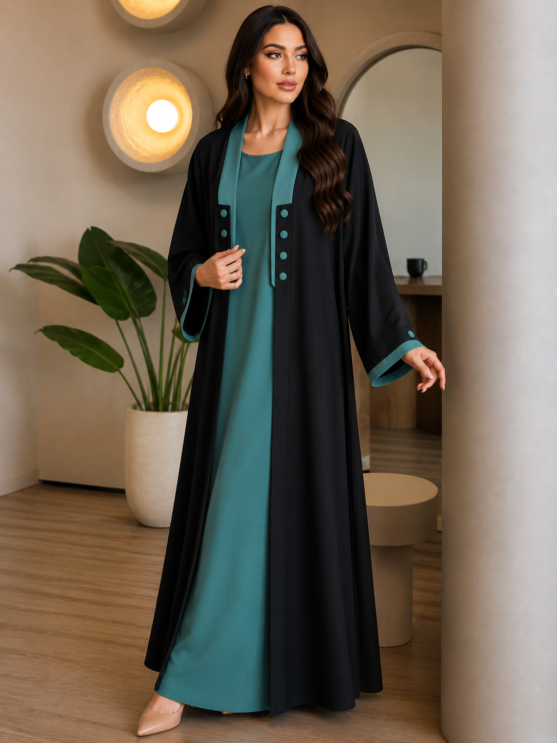 KEHKASHA DOUBLE SHRUG ABAYA | SEA GREEN