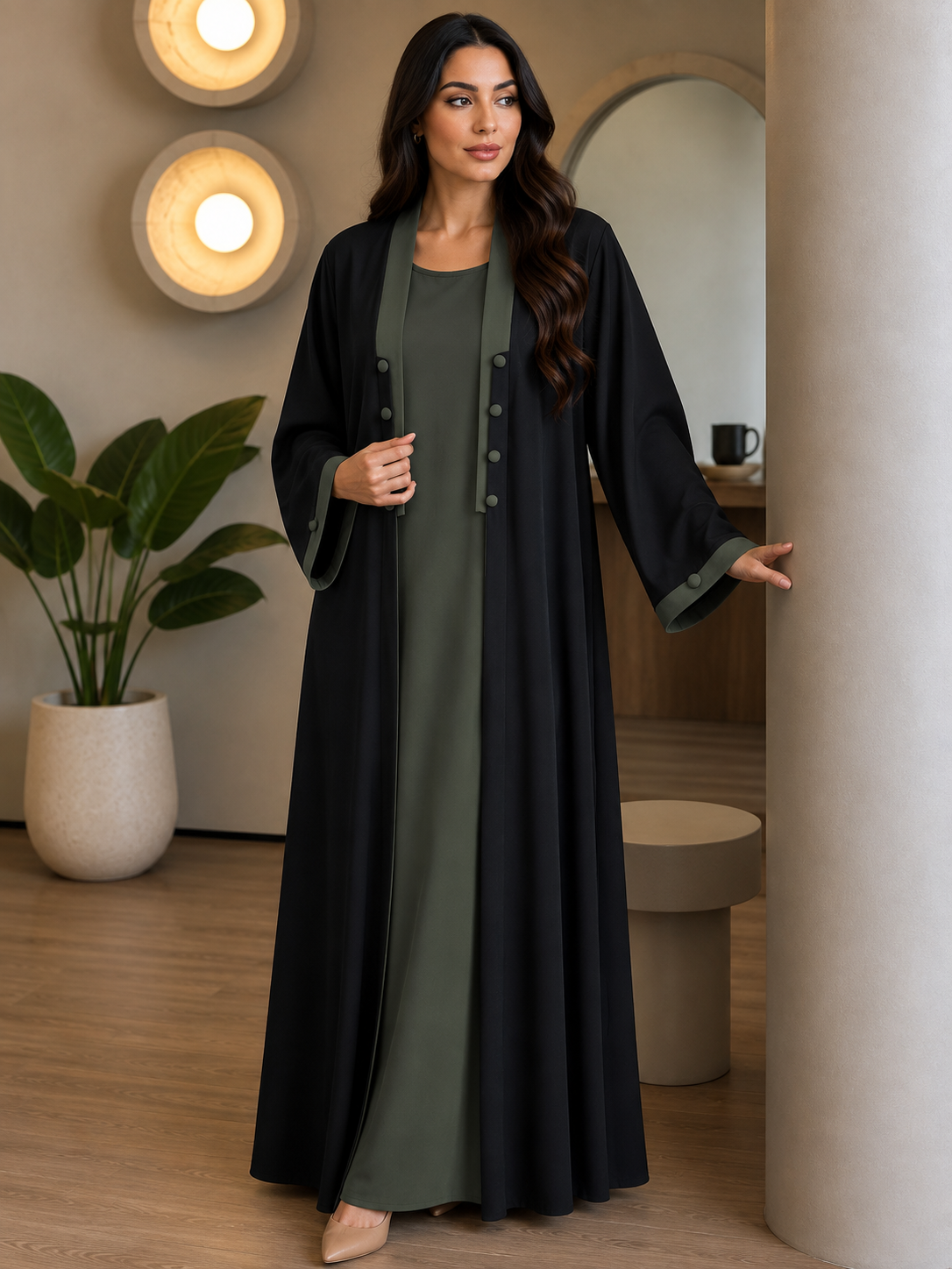 KEHKASHA DOUBLE SHRUG ABAYA | GREEN