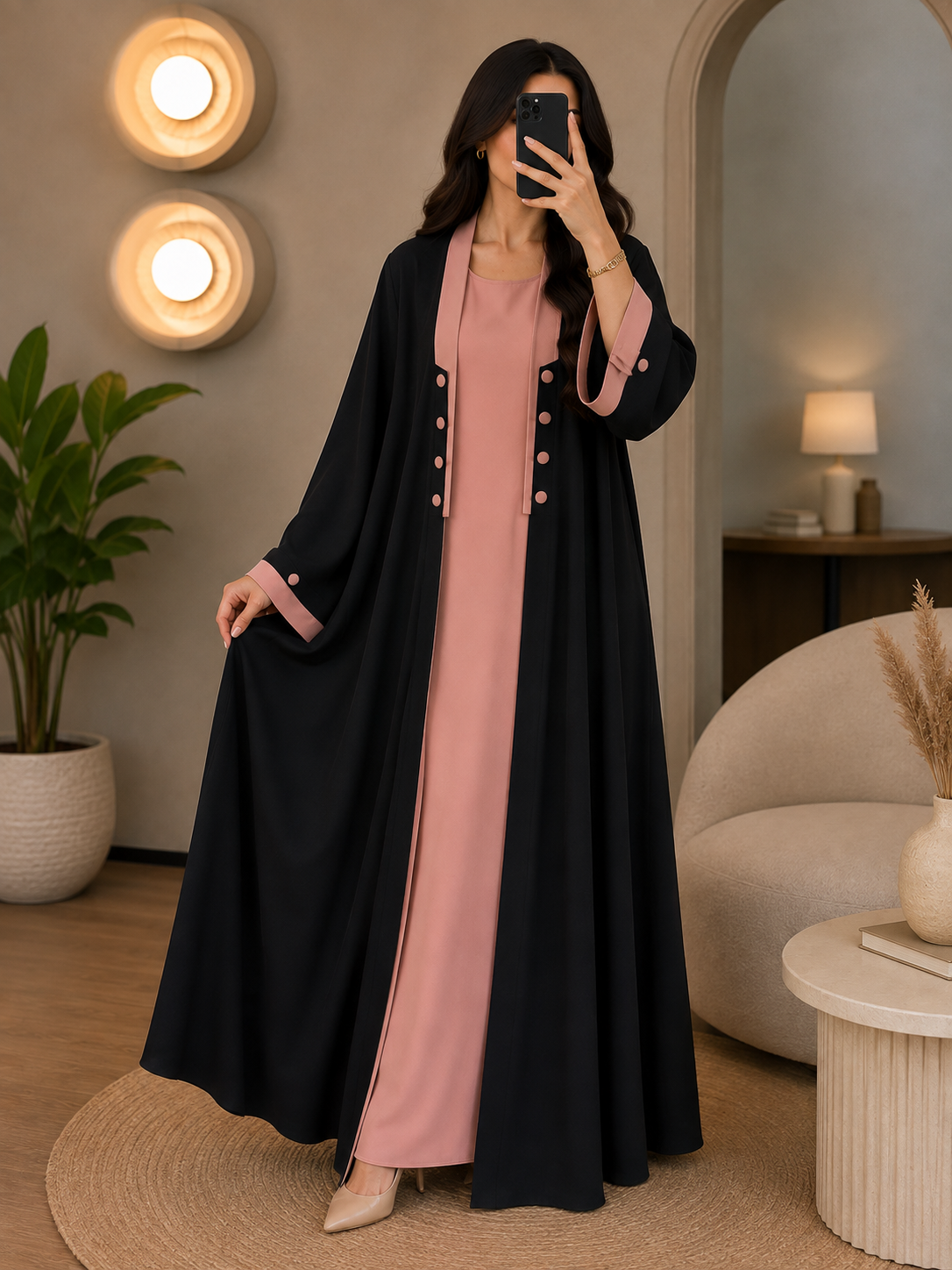 KEHKASHA DOUBLE SHRUG ABAYA | PEACH