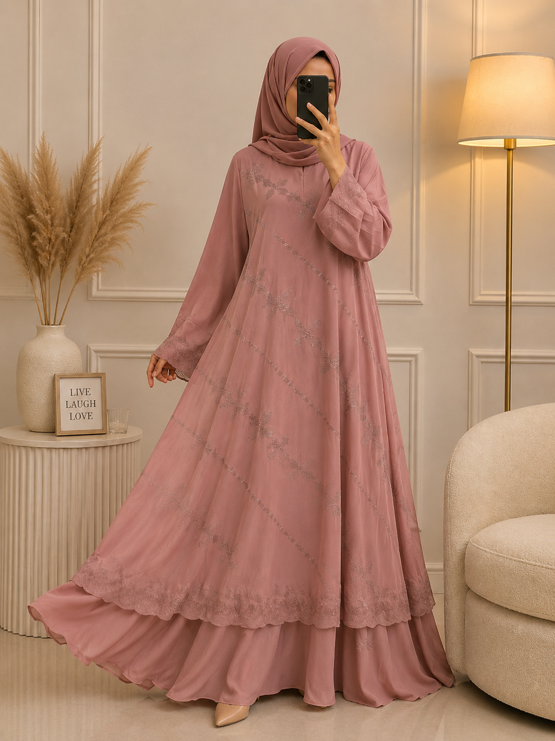 6665 - SADEHA LAYER ABAYA | PEACH
