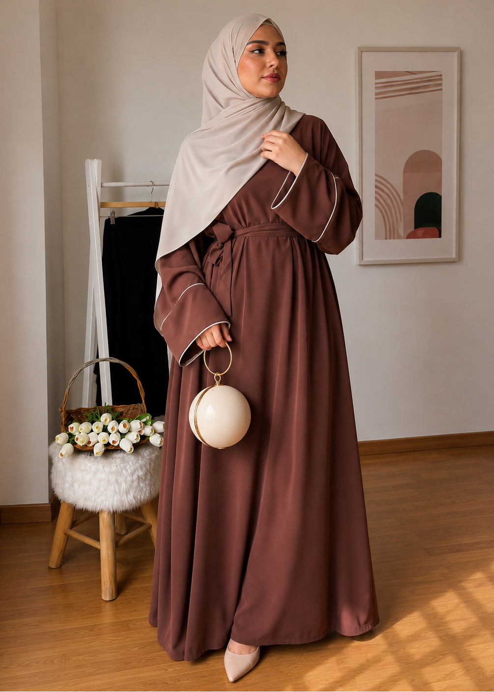 HAFIZA WHITE PIPIN ABAYA | BROWN