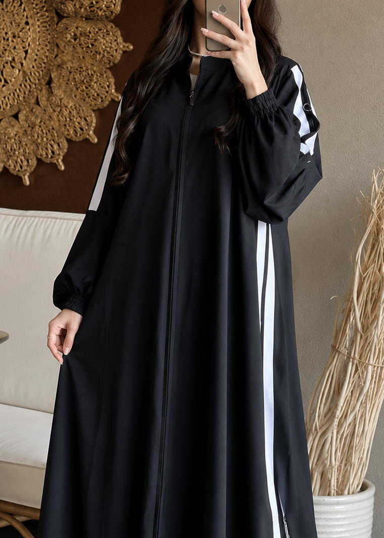 UROOJ WHITE STRIPS ZIPPER ABAYA